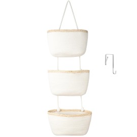 TeoKJ Over the Door Hanging Basket, 3-Tier Woven Cotton Wall-Mounted Storage Organizer Bag Decorative Hanging Nursery Baskets, White & Light Brown