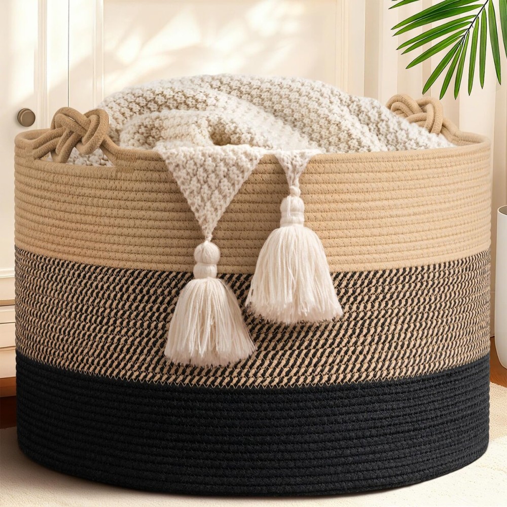 CherryNow 22x22x14 Large Blanket Basket, Home Dcor for Living Room Bedroom, Decorative Wicker Woven Basket for Clothes, Toy Storage Basket for Kids, Camel Mix & Black