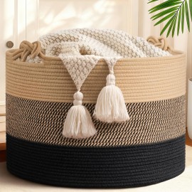 CherryNow 22x22x14 Large Blanket Basket, Home Dcor for Living Room Bedroom, Decorative Wicker Woven Basket for Clothes, Toy Storage Basket for Kids, Camel Mix & Black