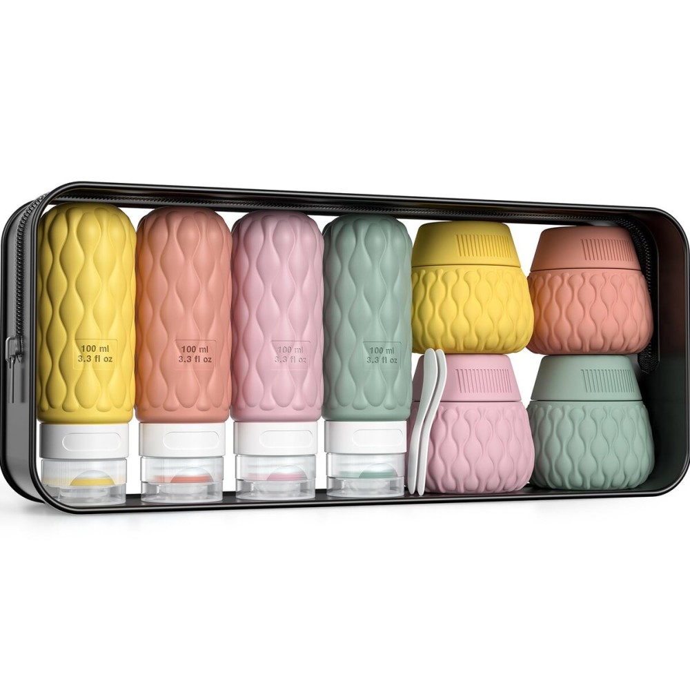 Lericttor Silicone Travel Bottles for Toiletries 8 Pack Travel Size Toiletries 3.4 oz 1.7 oz, Leakproof Squeeze Travel Size Containers Refillable Cosmetic Jars Set for Shampoo, Conditioner, Creams