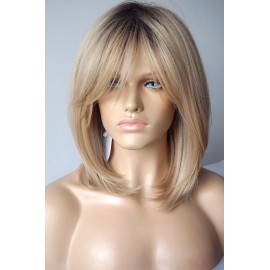 Wigs for white women blonde bob wig medium length wigs for women persma skin part blonde with dark roots Synthetic wig for white Women (Blobde mixed highlight)