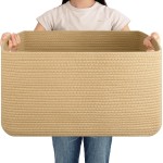 OIAHOMY 75L Large Blanket Basket, Woven Cotton Rope Baskets for Organizing 22x17x12, Blanket Basket living Room, Toy Storage Bins for Nursery, Yellow