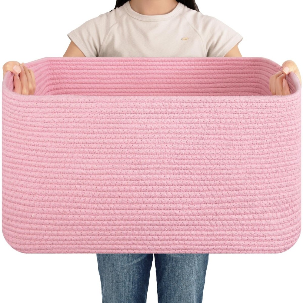 OIAHOMY 75L Blanket Basket, Woven Cotton Rope Basket for Organizing 22x17x12, Used for Living Room, Bedroom, Nursery, Pink