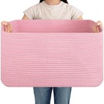 OIAHOMY 75L Blanket Basket, Woven Cotton Rope Basket for Organizing 22x17x12, Used for Living Room, Bedroom, Nursery, Pink