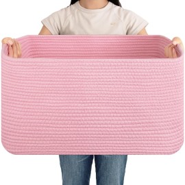 OIAHOMY 75L Blanket Basket, Woven Cotton Rope Basket for Organizing 22x17x12, Used for Living Room, Bedroom, Nursery, Pink