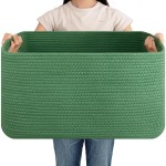 OIAHOMY 75L Large Blanket Basket, Woven Cotton Rope Baskets for Organizing 22x17x12, Blanket Basket living Room, Toy Storage Bins for Nursery, Green