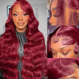 QZOQZO 24Inch 99J Burgundy Lace Front Wigs Human Hair 13x6 Body Wave Glueless Wigs 180% Density Red Wig HD Transparent Wine Red Lace Front Wigs Human Hair