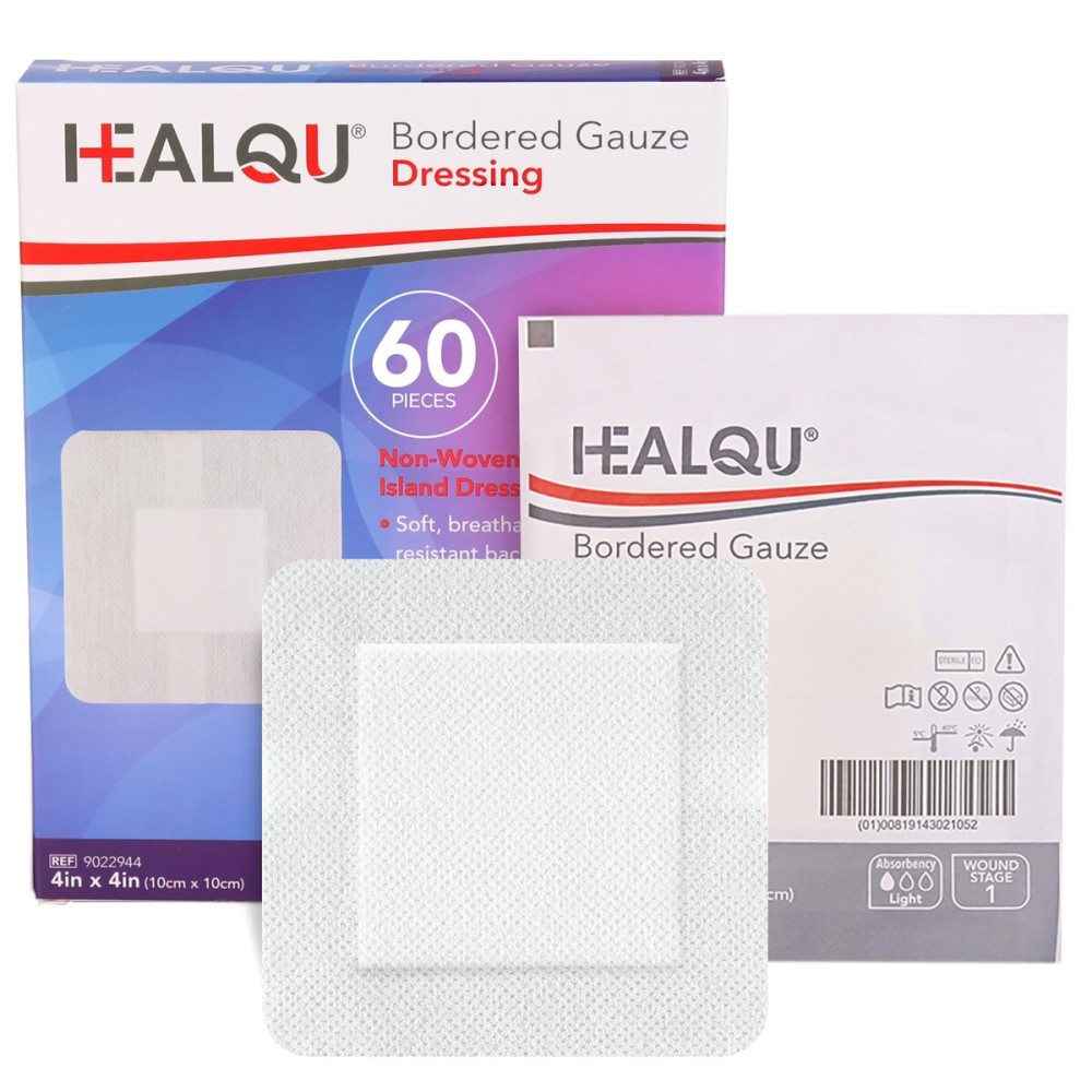 HEALQU Island Dressing - 4x4, 60 Count - Bordered Gauze Sterile Individually Wrapped Gauze Pads, Water-Resistant, Non-Woven Backing - Soft and Breathable Wound Dressing for First Aid and Medical