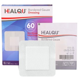 HEALQU Island Dressing - 4x4, 60 Count - Bordered Gauze Sterile Individually Wrapped Gauze Pads, Water-Resistant, Non-Woven Backing - Soft and Breathable Wound Dressing for First Aid and Medical
