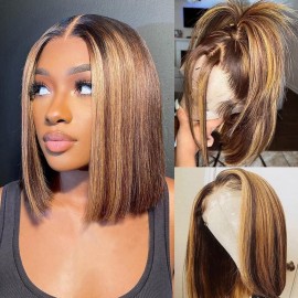 Skouty Bob Wigs Human Hair Highlight Ombre 13x4 Lace Front Wigs 4/27 Honey Blonde Glueless Wigs Pre Plucked with Baby Hair 180 Density Short Bob Wigs for Women 12 Inch