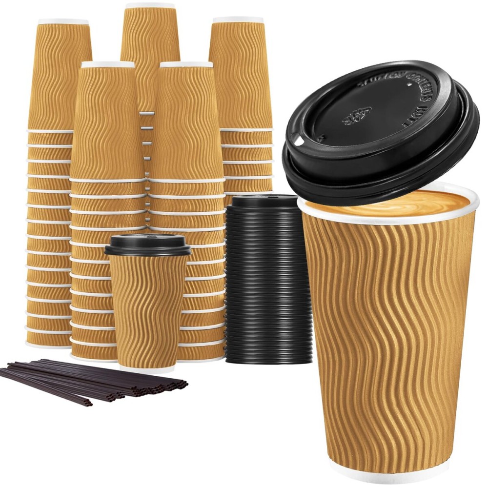 Lamosi 16 oz Disposable Coffee Cups with Lids, 50 Pack Insulated Hot Cups To Go Paper Coffee Cups with Lids and Straws, Corrugated Ripple Wall Cup for Hot Drink, Office, Coffee Bar (Champagne)