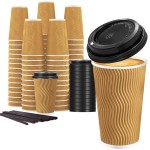 Lamosi 16 oz Disposable Coffee Cups with Lids, 50 Pack Insulated Hot Cups To Go Paper Coffee Cups with Lids and Straws, Corrugated Ripple Wall Cup for Hot Drink, Office, Coffee Bar (Champagne)