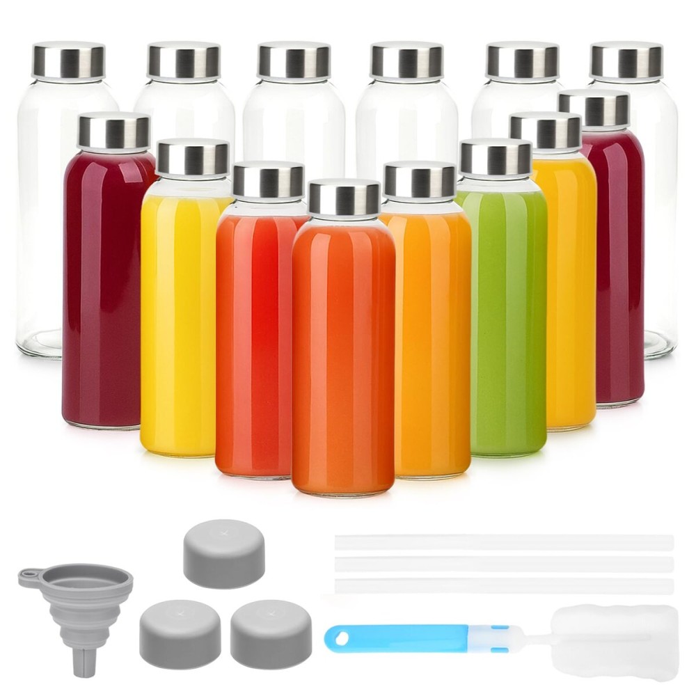 Luxfuel 10 oz Clear Glass Bottle with Lid, Reusable Glass Water Bottles with Stainless Steel Cap & Straws for Juicing, Milk, Ginger & Smoothies, Refrigerator, Leak-Proof, Juice Containers Set of 16