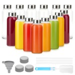 Luxfuel 10 oz Clear Glass Bottle with Lid, Reusable Glass Water Bottles with Stainless Steel Cap & Straws for Juicing, Milk, Ginger & Smoothies, Refrigerator, Leak-Proof, Juice Containers Set of 16