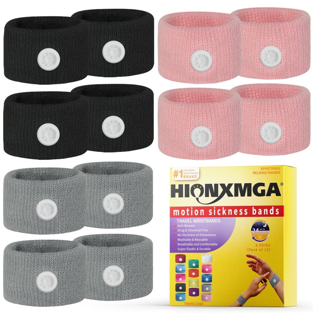 HIONXMGA 6 Pairs Motion Sickness Bands - Natural Anti Nausea Acupressure Wristbands for Morning & Motion Sickness Relief - Ideal for Car, Cruise & Flight Travel - for Adults and Kids