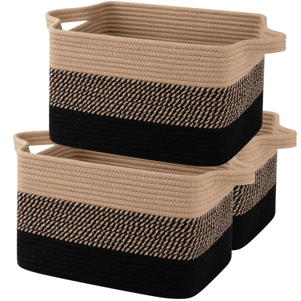 OIAHOMY Woven Storage Basket, Cotton Rope Baskets for Toys,Towel, Clothes, Used to Bathroom,Living Room,Nursery,Bedroom, 16x12x10- Pack of 3, Black & Brown
