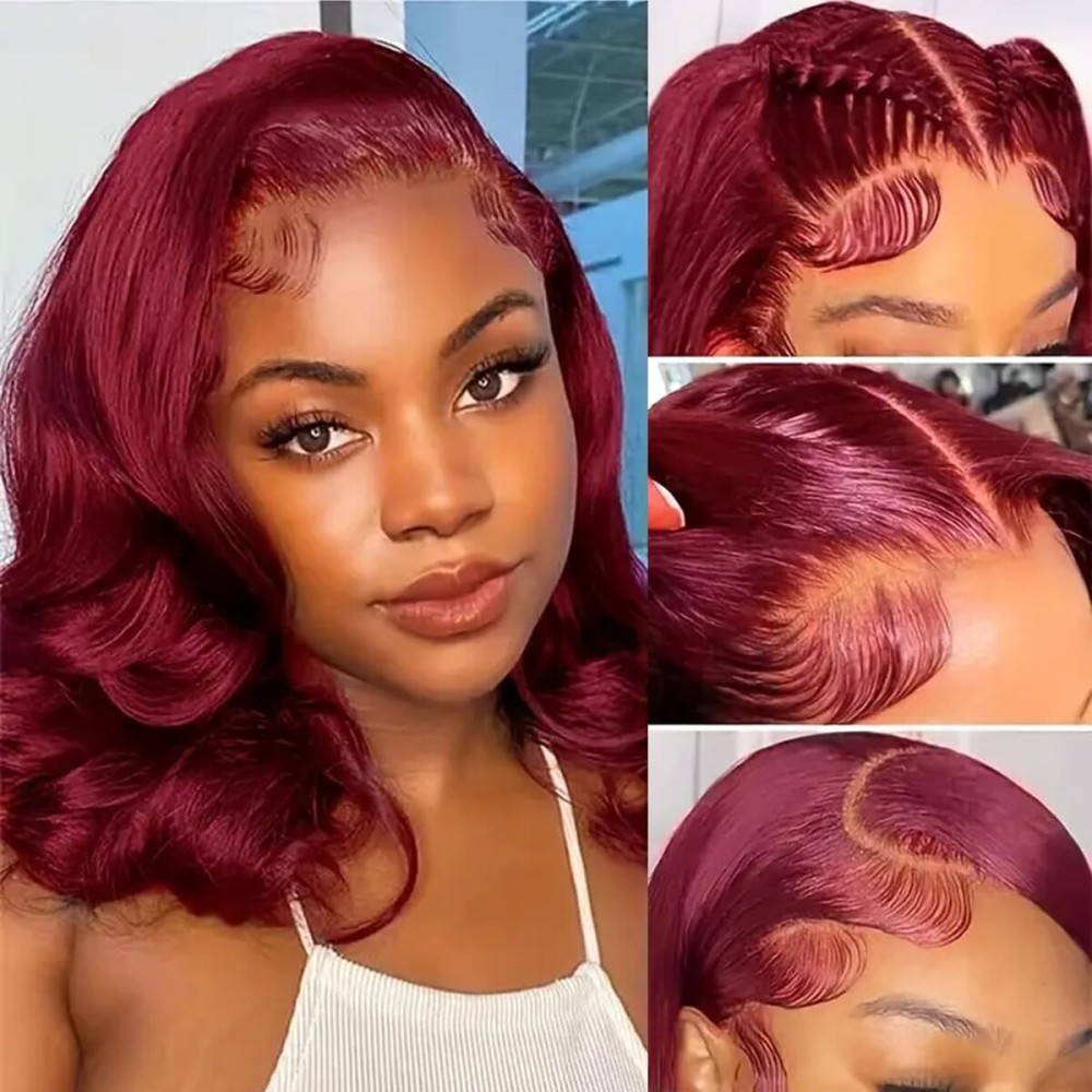 12 Inch Burgundy Bob Wig Human Hair 13X4 Lace Front Wigs Human Hair Pre Plucked 99j Burgundy Wig HD Transparent Lace Frontal 200% Dedsity Short Body Wave bob Wine Red Wigs for Women