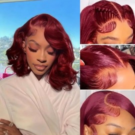 10 Inch Burgundy Bob Wig Human Hair 13X4 Lace Front Wigs Human Hair Pre Plucked 99j Burgundy Wig HD Transparent Lace Frontal 200% Dedsity Short Body Wave bob Wine Red Wigs for Women