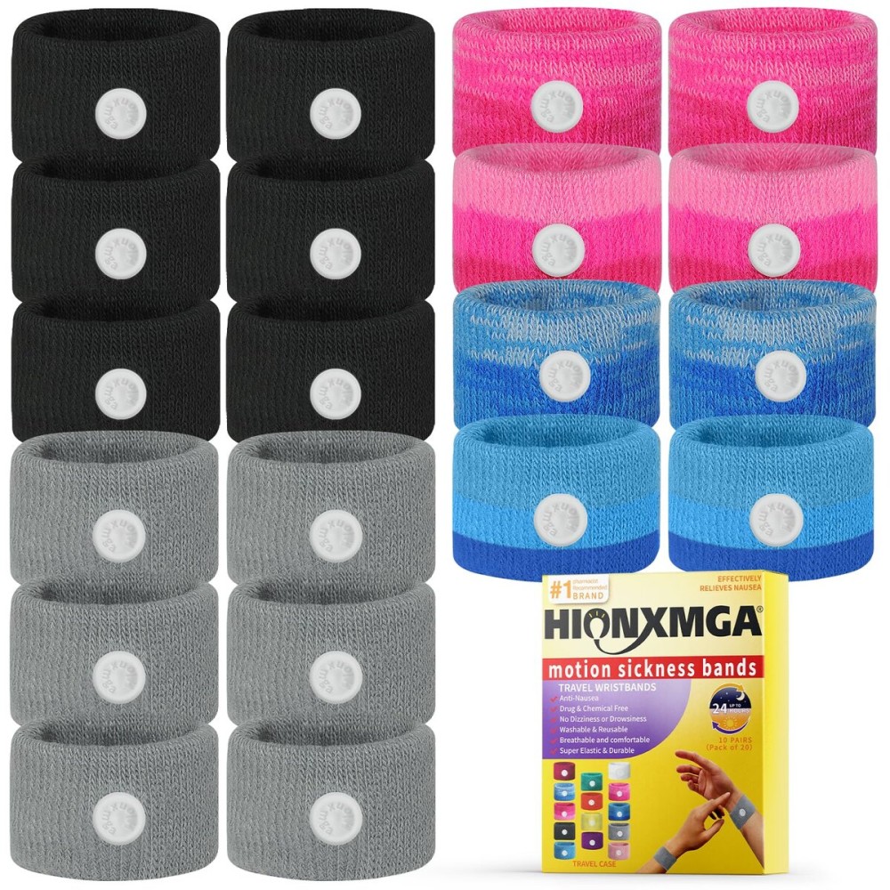 HIONXMGA 10 Pairs Motion Sickness Bands - Natural Anti Nausea Acupressure Wristbands for Morning & Motion Sickness Relief - Ideal for Car, Cruise & Flight Travel - for Adults and Kids