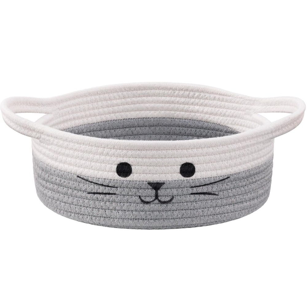 Hichen Cute Cat Toy Basket, Gift Baskets Empty for Home Decor, Baby Basket for Baby Shower, Small Cotton Rope Baskets for Pets Toys, White & Grey, 9.8 x 4 inches