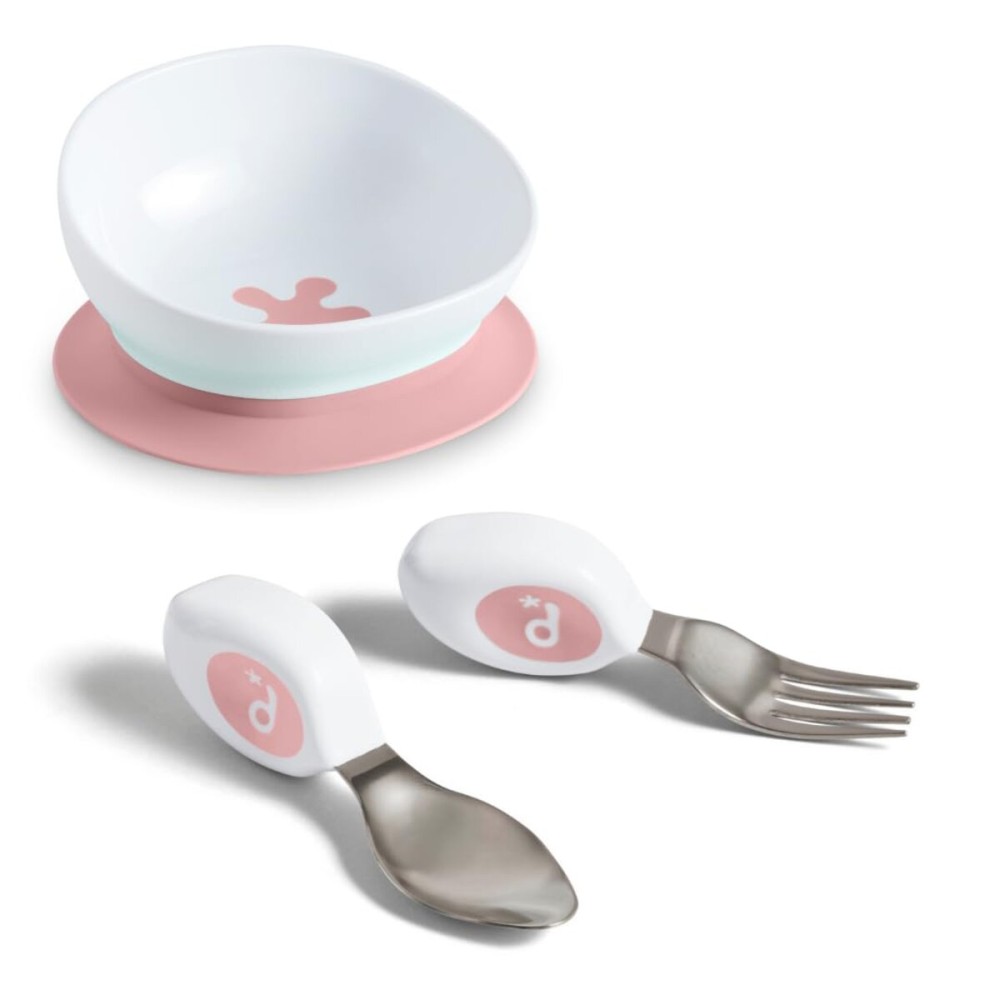 doddl Toddler Utensils, Ergonomic Fork and Spoon Set for Self Feeding, Stainless Steel Silverware for 1-3 Year Olds, BPA Free, Dishwasher Safe (Dusky Rose + Bowl)