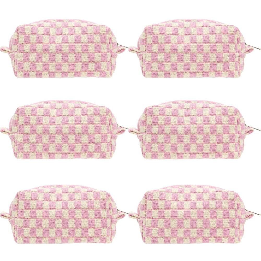 PAZIMIIK 6PCS Checkered Makeup Bag for Purse Portable Zipper Make Up Pouch Small Cosmetic Case for Travel Accessories Pink Beige