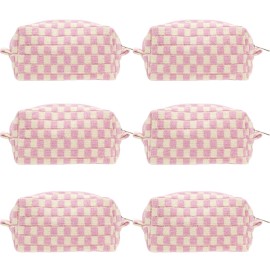 PAZIMIIK 6PCS Checkered Makeup Bag for Purse Portable Zipper Make Up Pouch Small Cosmetic Case for Travel Accessories Pink Beige