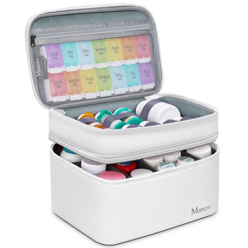 Mancro Dual Layers Medicine Organizer Bag, Pill Bottle Organizer Storage with Lockable Zipper, Medication Travel Bag for Pills, Vitamins, Medical Supplies for Home Storage, Travel, White