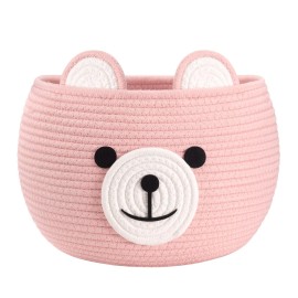 Goodpick Baby Basket for Nursery, Woven Gift Basket for Baby Girls, Cute Nursery Hamper for Baby Shower NewBorn Essentials, White & Pink, 10 D x 8.3 H