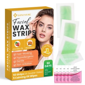 Facial Wax Strips for Hair Removal: Fast Working and Gentle for Face, Eyebrow, Upper Lip, Chin - Hypoallergenic for All Skin Types 50 Waxing Strips with 5 Wipes