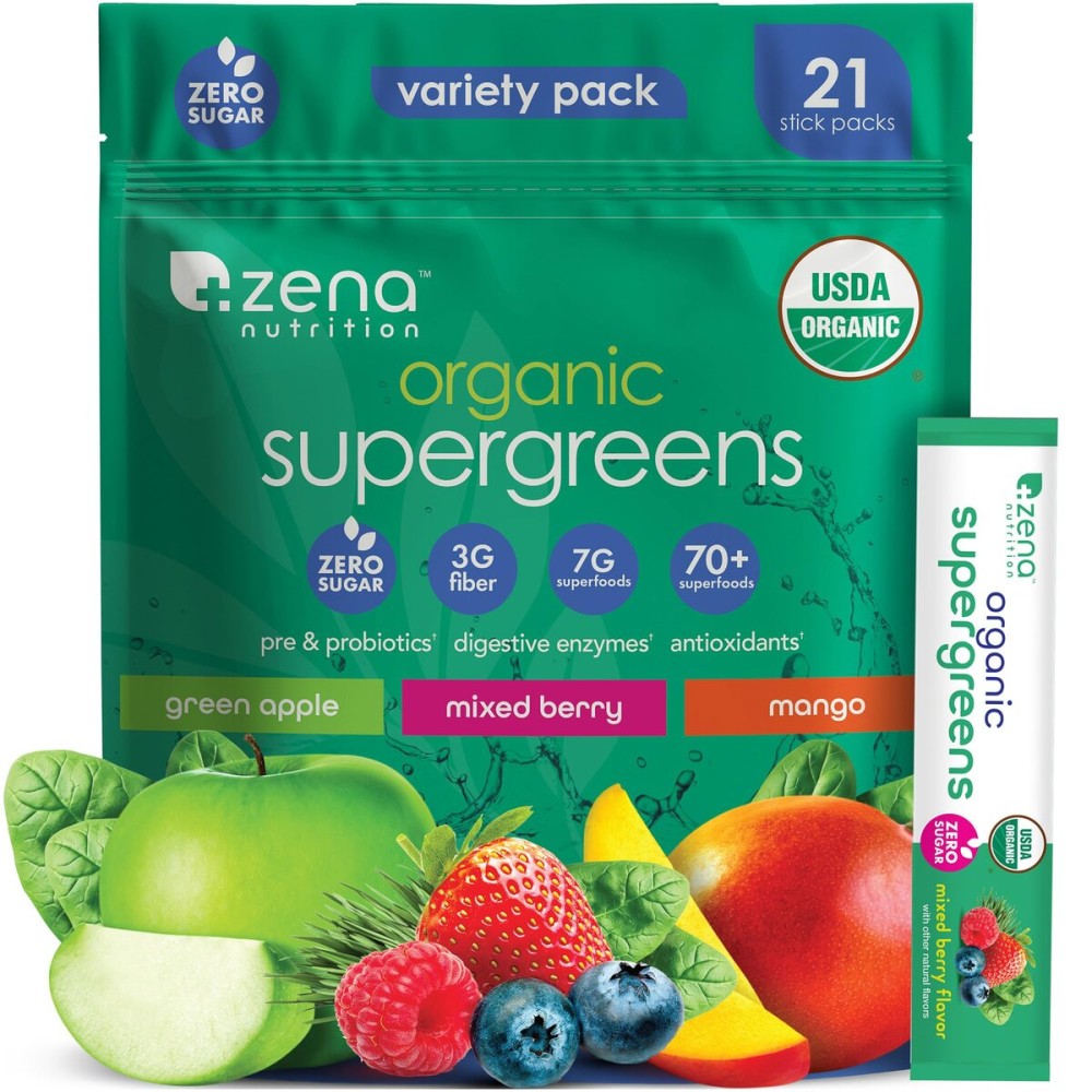 Zena Nutrition Organic Super Greens Powder Variety Pack, 70+ Superfoods, 0 Sugar, 3G Fiber, Spirulina, Chlorella, Antioxidants, Prebiotics/Probiotics, Digestive Enzymes, 21 Drink Mix Packets