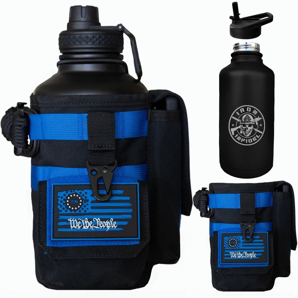 Iron Infidel Battle Bottle - Half Gallon Water Bottle Insulated, 64 oz Tactical Stainless Steel Water Jug with Handle - Gym Water Bottle with Rugged Sleeve for Storage (Cobalt 2 Liter)