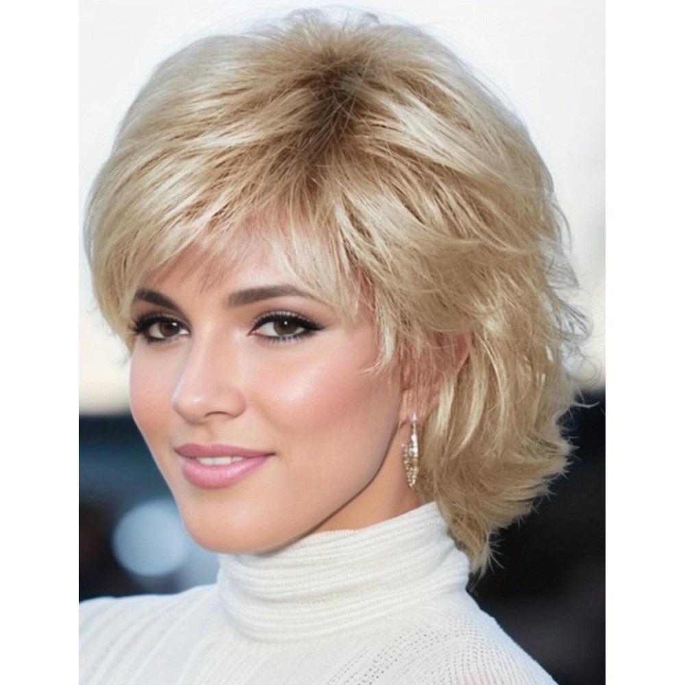 TISHINING Pixie Cut Short Ombre Blonde Curly Wigs for White Women Fluffy Layered Mixed Blonde Wig with Bangs Natural Looking Synthetic Daily Party Wig