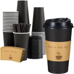Lamosi 20 oz Disposable Coffee Cups with Lids 50 Pack, Hot Paper To Go Cups with Lids, Stir Sticks and Sleeves, for Home, Travel, Office
