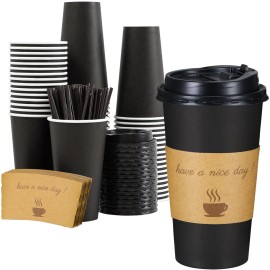 Lamosi 20 oz Disposable Coffee Cups with Lids 50 Pack, Hot Paper To Go Cups with Lids, Stir Sticks and Sleeves, for Home, Travel, Office