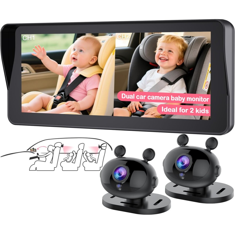 Wkzay Dual Baby Car Camera for 2-Kids: 6.9 Inch HD 1080P Split Display with 2 Night Vision Carseat Cameras - 360 Rotation, Easy Install for New Parents