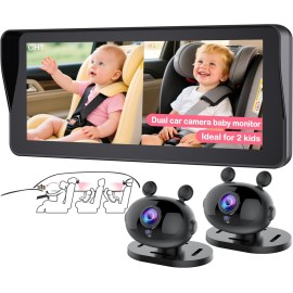 Wkzay Dual Baby Car Camera for 2-Kids: 6.9 Inch HD 1080P Split Display with 2 Night Vision Carseat Cameras - 360 Rotation, Easy Install for New Parents