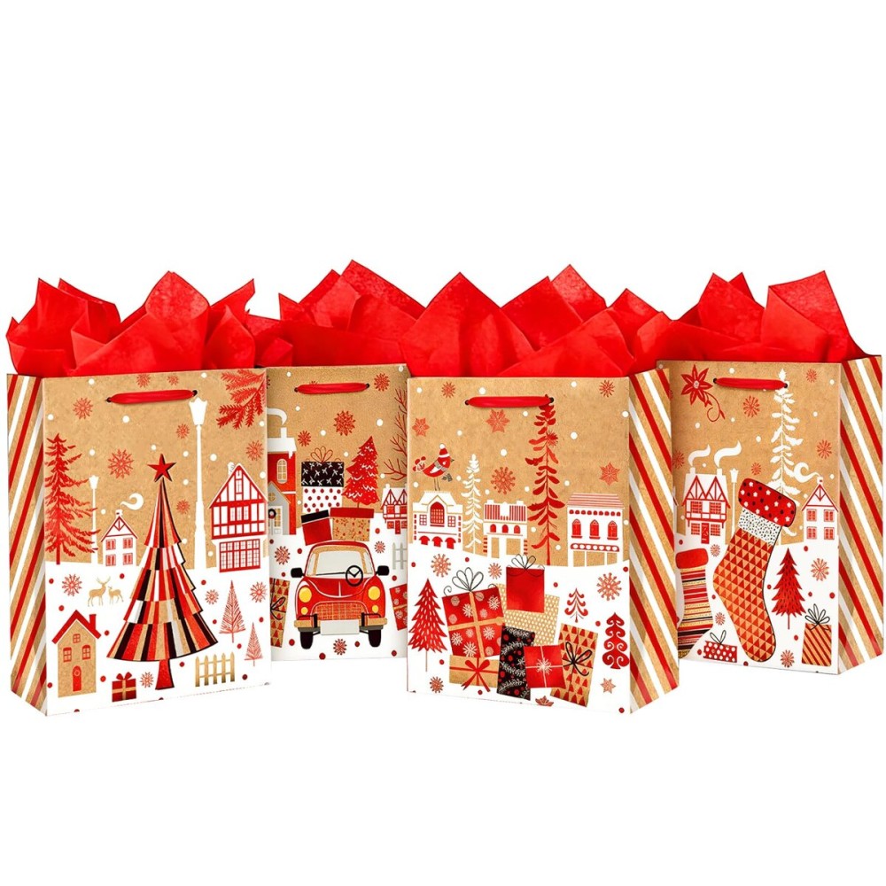 SHIPKEY 12 Pack Santa Gift Bags, Chistmas Shopping Bags with with 4 Festive Designs and 3 Sizes, Xmas Party Favor Bags for Presents, Wrapping, Shopping, Treats, and Holiday Supplies