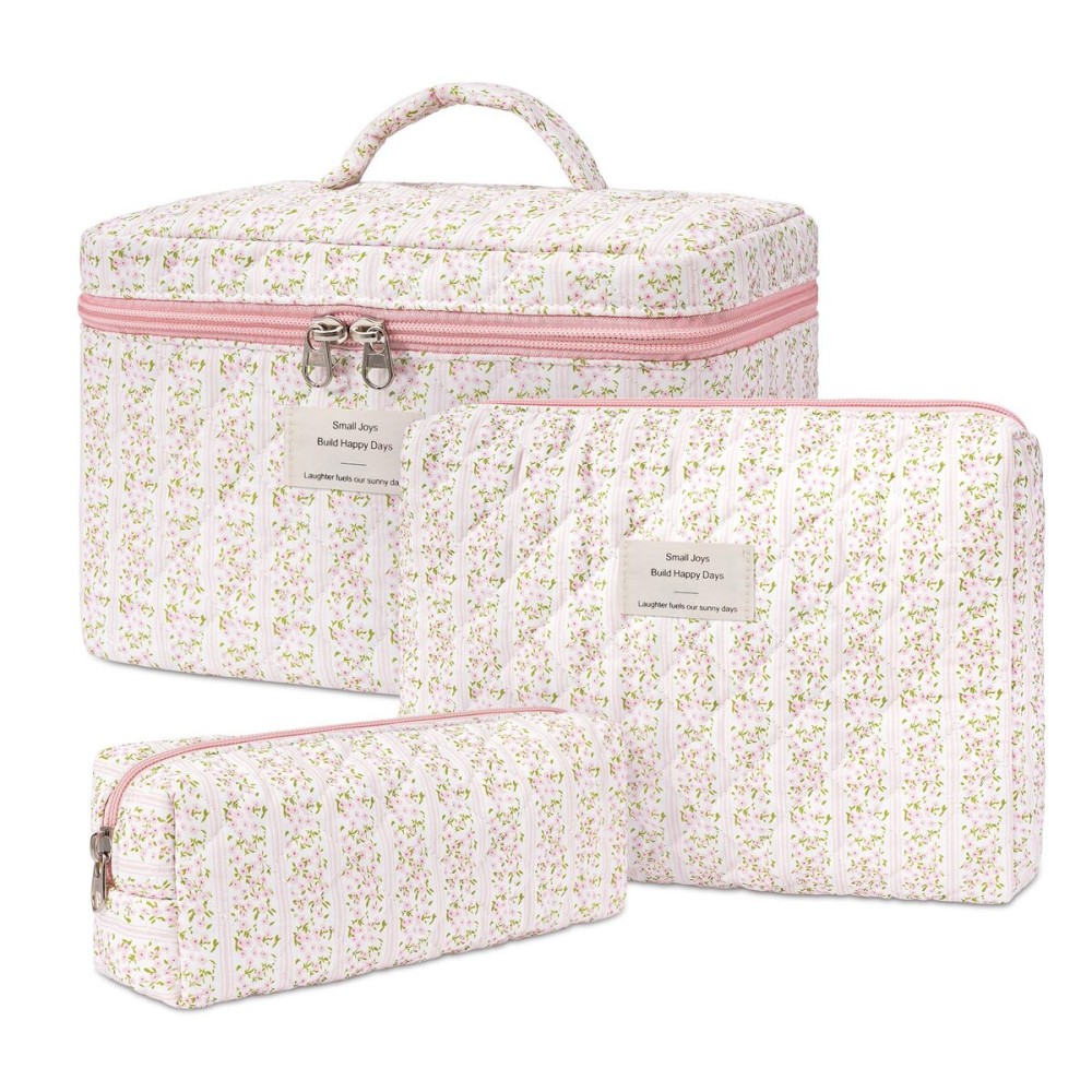 honitty Makeup Bag,Quilted Cosmetic Bags,Large Floral Make Up Organize bag,Makeup Bag Set for Women,Flower Travel Toiletry Bag