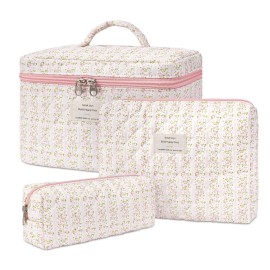 honitty Makeup Bag,Quilted Cosmetic Bags,Large Floral Make Up Organize bag,Makeup Bag Set for Women,Flower Travel Toiletry Bag