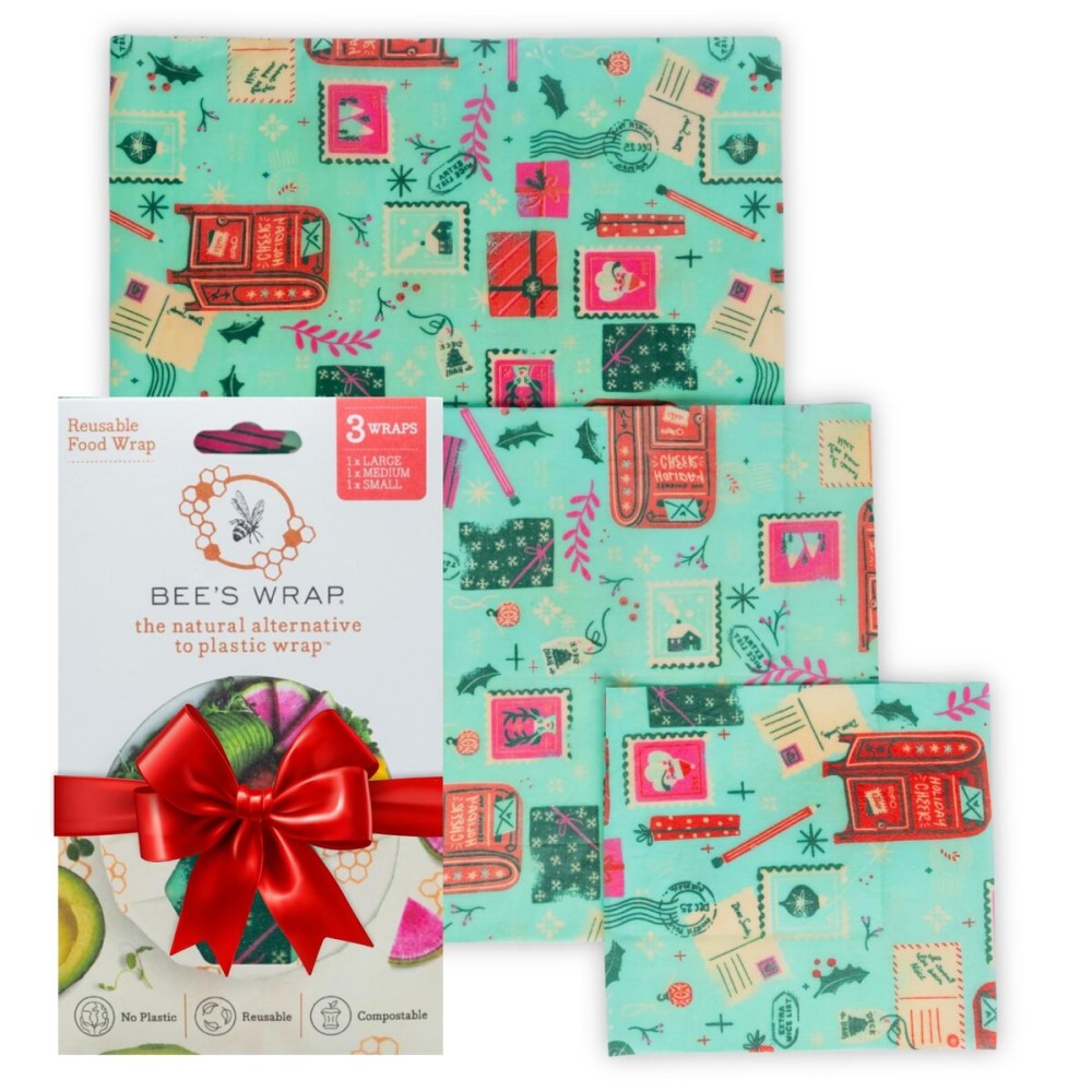 Bee\'s Wrap Beeswax Wraps for Food - Made in USA Reusable & Organic Food Wraps, Sandwich Wrap & Bowl Covers - Eco-Friendly Alternative to Aluminum Foil, Seasons Greetings 3 Pack (S, M, L)