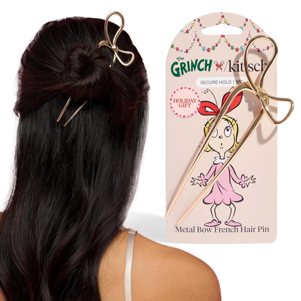 The Grinch x Kitsch Gold French Hair Pin with Bow Design - Durable Metal Hair Pin for Effortless Updos, Half-Up Style | Lightweight & Ideal Stocking Stuffers | Ideal Gifts for Women - 1pc