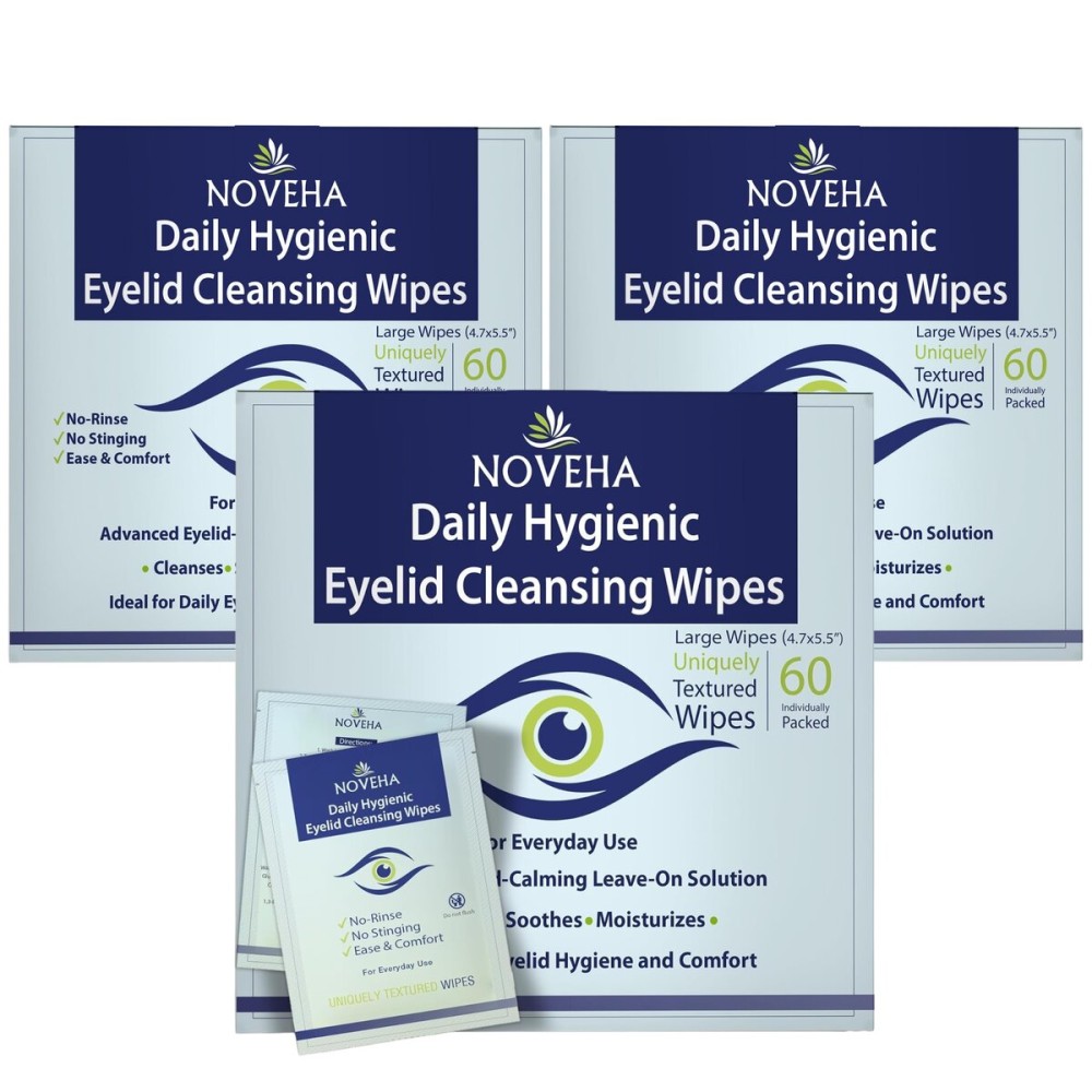 NOVEHA 180Pcs Daily Hygienic Eyelid & Lash Wipes | 120 Individually Wrapped Cleansing Eyelash Wipes - For Blepharitis & Itchy Eyes, Demodex and Natural Makeup Remover & Daily Cleanser (3 Pack)