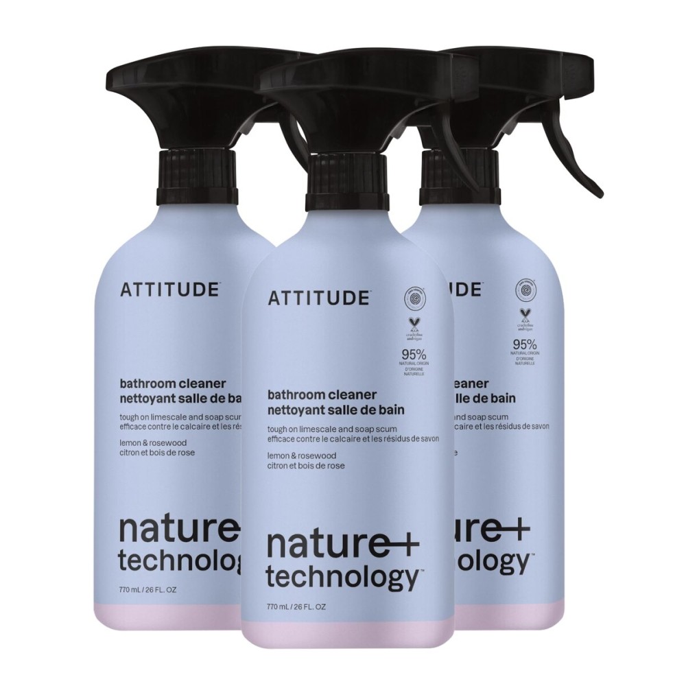 ATTITUDE Bathroom Cleaner Spray, Natural Origin Ingredients, EWG Verified, Eliminates Soap Scum, Limescale, Streak Free, Lemon & Rosewood, 26 Fl Oz (Pack of 3)
