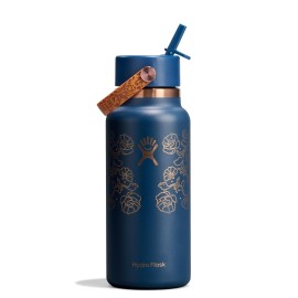 Hydro Flask Water Bottle - Insulated Stainless Steel - Wide Mouth Flex Straw Lid, Non Spill, Leakproof and Refillable in 32 Oz Western Dark Blue