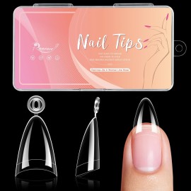 Ranrose Long Almond Nail Tips with Handle, 240PCS Half Cover Acrylic Fake Nails, 12 Sizes No C Curve Gel Nail Extension Tips for Professionals DIY Beginners