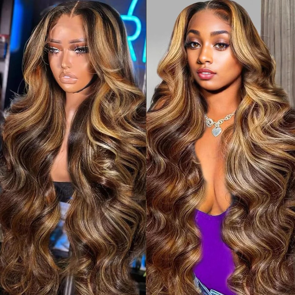 Smabuity 30 Inch Honey Blonde Wig Human Hair 13x6 Ombre HD Lace Front Wigs Body Wave P4/27 Highlight Human Wig Pre Plucked with Baby Hair 180 Density Human Hair Frontal Wigs for Women
