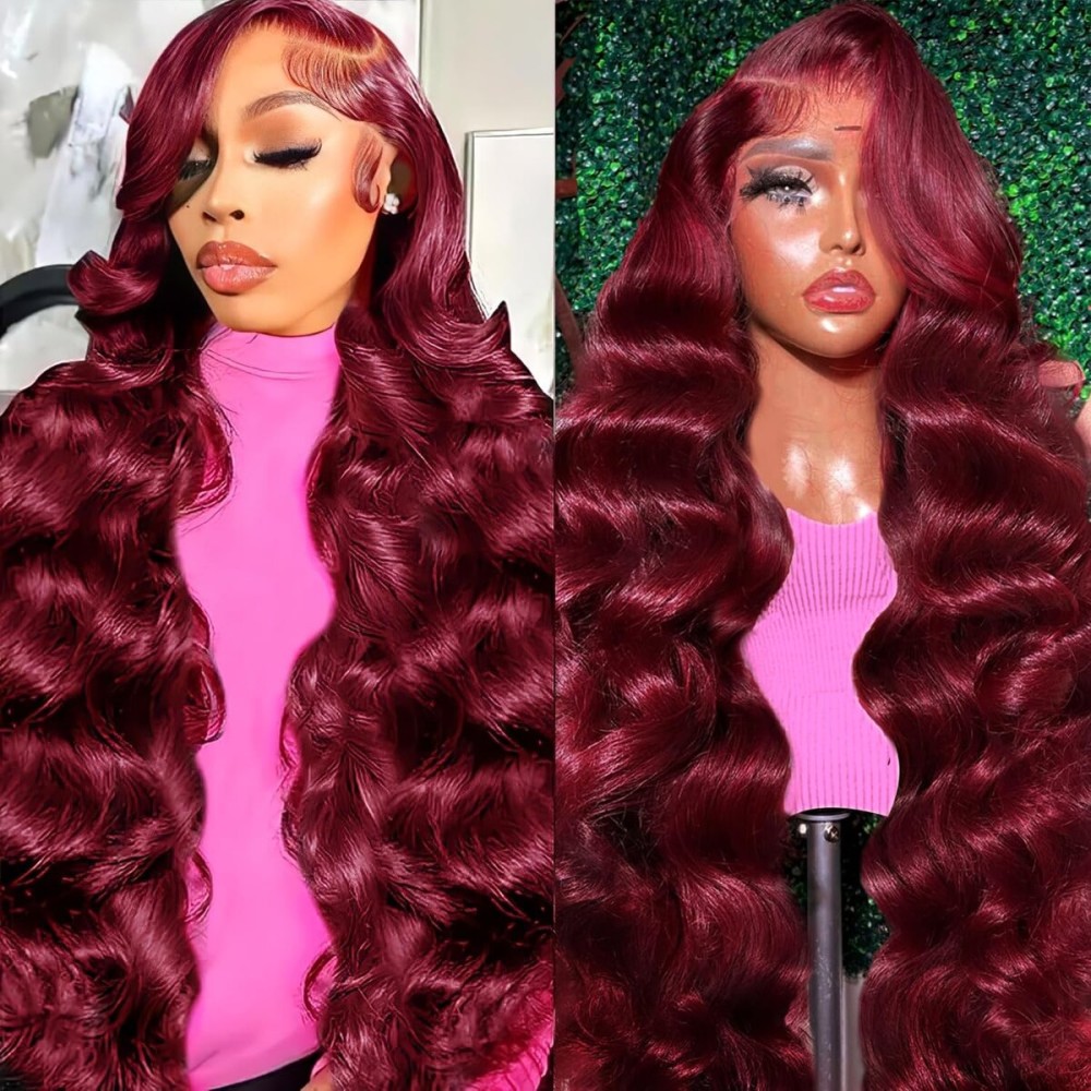 Smabuity 30 Inch 99J Burgundy Lace Front Wigs Human Hair 13x6 HD Transparent Body Wave Lace Front Wigs Human Hair Pre Plucked 99j Burgundy Red Wine Glueless Frontal Wig for Women