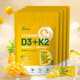 Vitamin D3 K2 Gummies, D3 10000 IU & MK7-200 mcg, 2 in 1 Vitamins D & K Complex | Vitamina D3 con K2 | Supports Calcium Absorption, Bone, Immune, & Heart Health, Easy to Carry and use (240 Gummies)