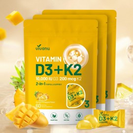 Vitamin D3 K2 Gummies, D3 10000 IU & MK7-200 mcg, 2 in 1 Vitamins D & K Complex | Vitamina D3 con K2 | Supports Calcium Absorption, Bone, Immune, & Heart Health, Easy to Carry and use (180 Gummies)